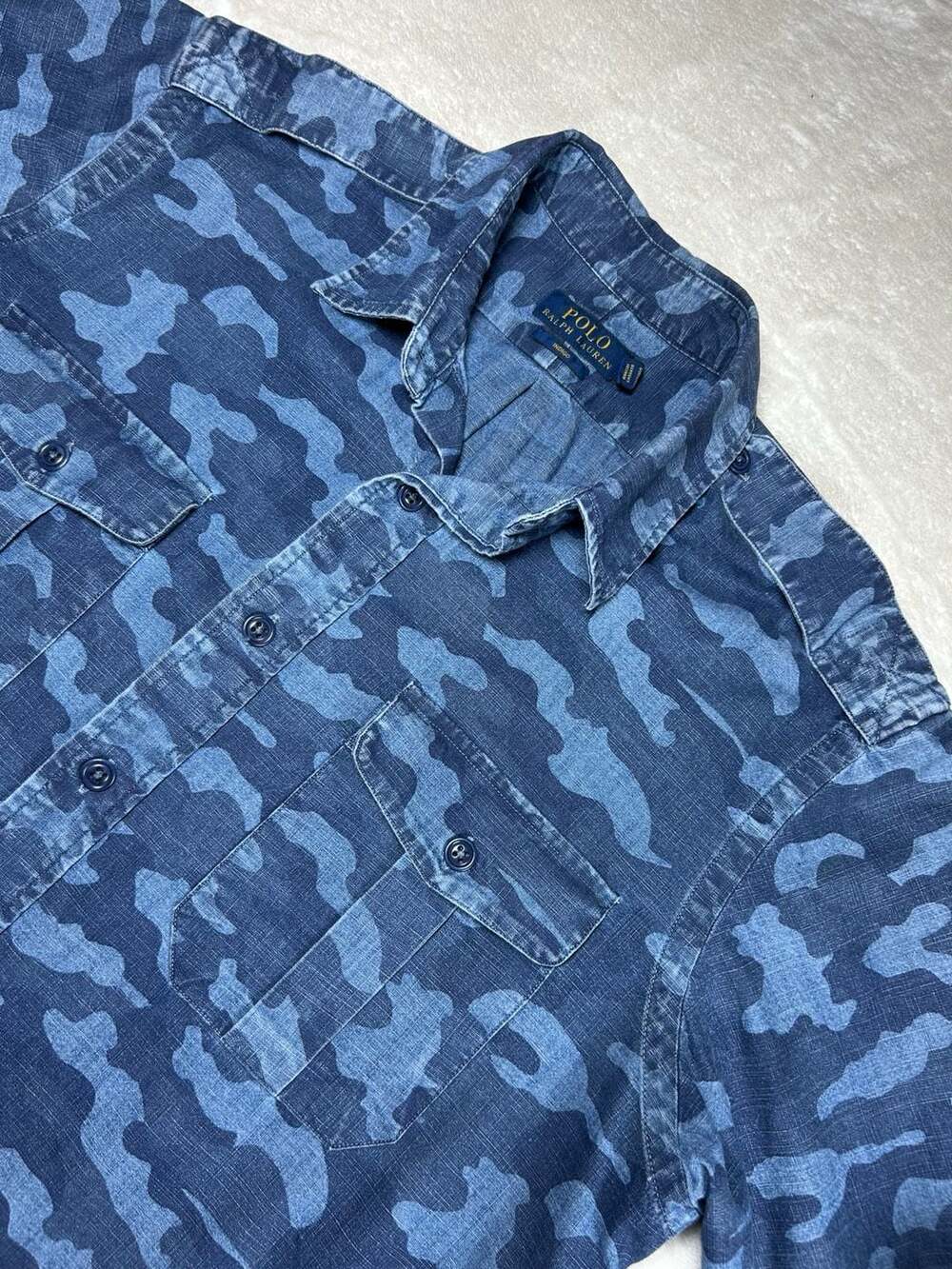 Polo Ralph Lauren Mens Large Indigo Blue Camo Button Up Work Shirt